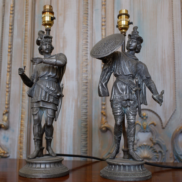 Pair of Antique FRENCH Metal GREY Army Soldier Men Figures Table Bedside Lamps