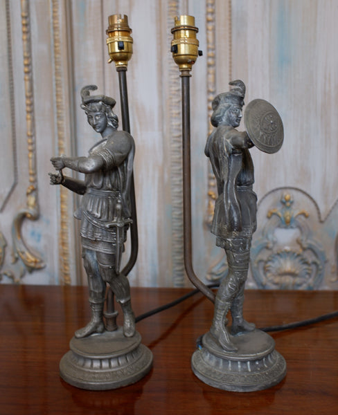 Pair of Antique FRENCH Metal GREY Army Soldier Men Figures Table Bedside Lamps