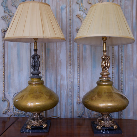 Pair of Antique FRENCH Cherub Ornate Glass & Metal GOLD Bulbous Table Bedside Lamps
