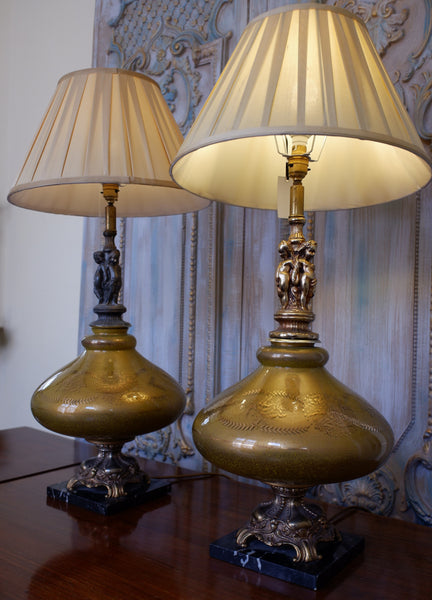 Pair of Antique FRENCH Cherub Ornate Glass & Metal GOLD Bulbous Table Bedside Lamps