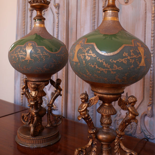 Pair of Antique FRENCH Cherub Ornate Glass Green & GOLD Bulbous Table Bedside Lamps