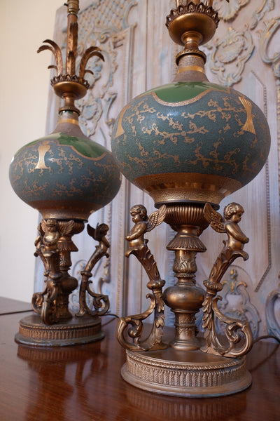 Pair of Antique FRENCH Cherub Ornate Glass Green & GOLD Bulbous Table Bedside Lamps