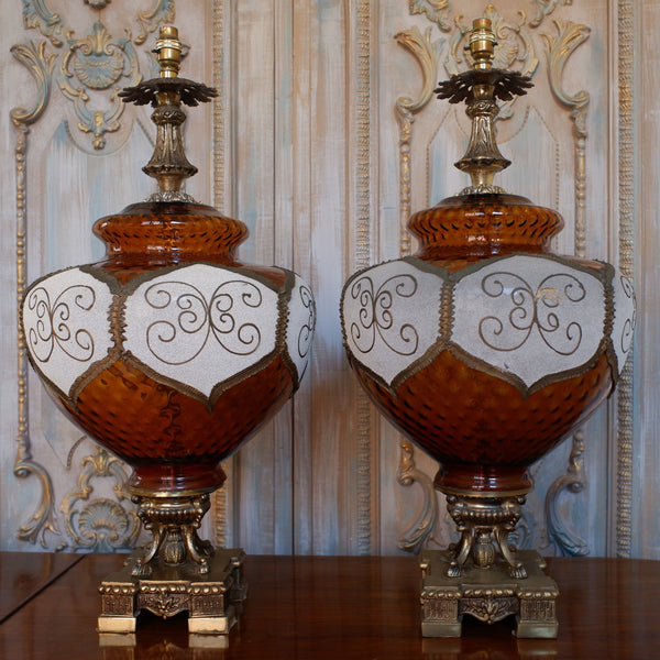 Pair of Large Antique Art Deco FRENCH Ornate AMBER Glass Bulbous Table Bedside Lamps
