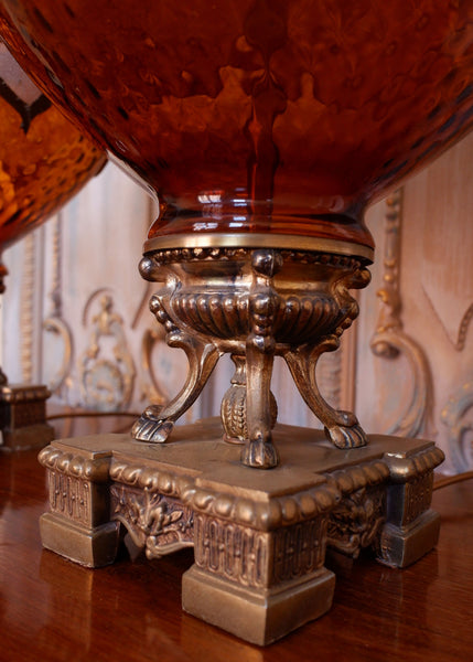 Pair of Large Antique Art Deco FRENCH Ornate AMBER Glass Bulbous Table Bedside Lamps