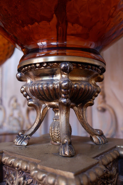 Pair of Large Antique Art Deco FRENCH Ornate AMBER Glass Bulbous Table Bedside Lamps