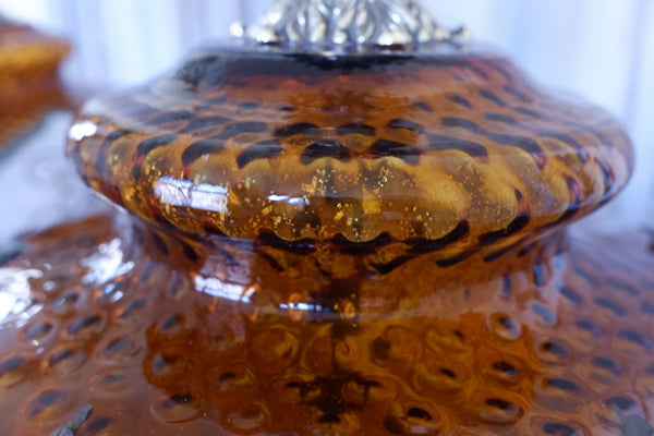 Pair of Large Antique Art Deco FRENCH Ornate AMBER Glass Bulbous Table Bedside Lamps