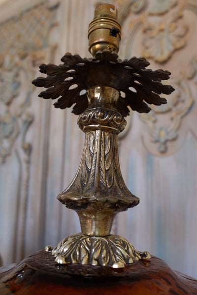 Pair of Large Antique Art Deco FRENCH Ornate AMBER Glass Bulbous Table Bedside Lamps