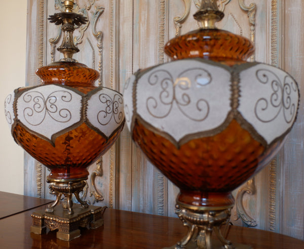 Pair of Large Antique Art Deco FRENCH Ornate AMBER Glass Bulbous Table Bedside Lamps