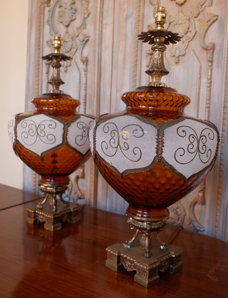 Pair of Large Antique Art Deco FRENCH Ornate AMBER Glass Bulbous Table Bedside Lamps