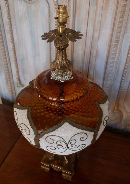 Pair of Large Antique Art Deco FRENCH Ornate AMBER Glass Bulbous Table Bedside Lamps