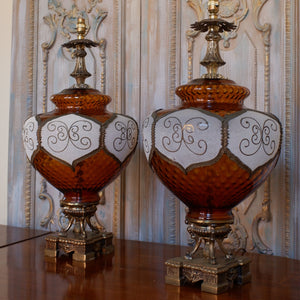 Pair of Large Antique Art Deco FRENCH Ornate AMBER Glass Bulbous Table Bedside Lamps