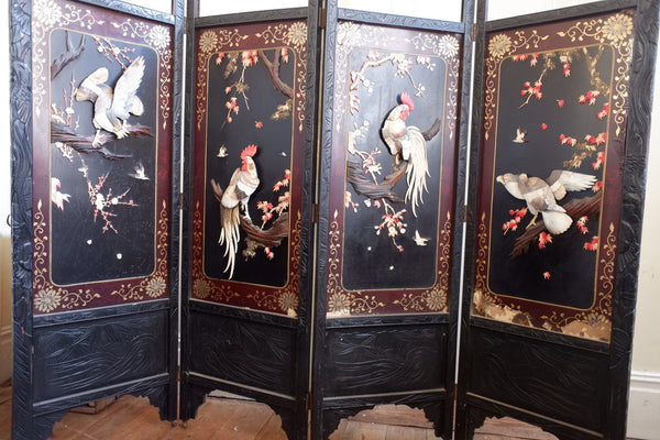 Vintage Black & Red Oriental Chinese/Japanese 4 Panel Decorative SCREEN Room Divider