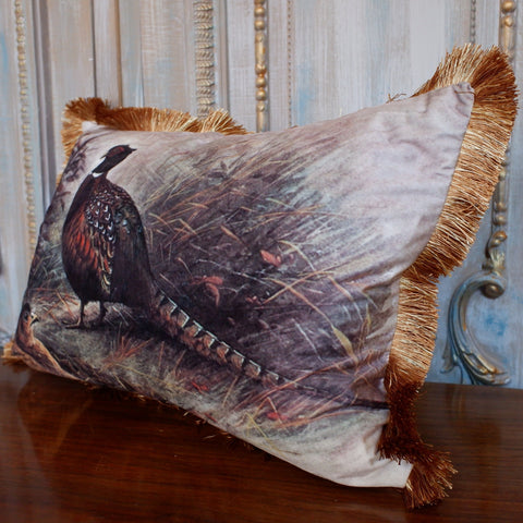 New Rectangle Printed PHEASANT Design Shabby Chic Style VELVET Feather CUSHION & Cover