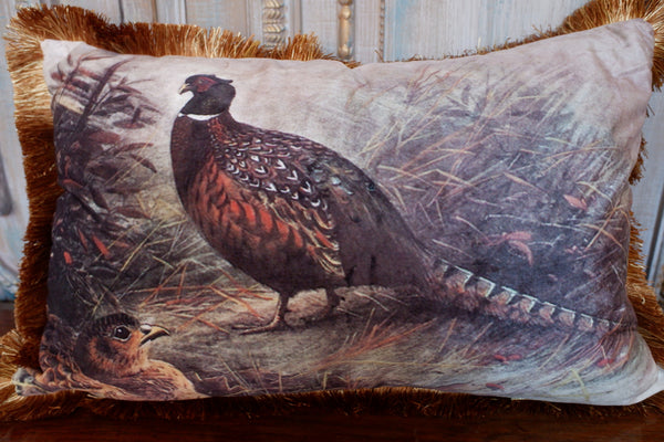 New Rectangle Printed PHEASANT Design Shabby Chic Style VELVET Feather CUSHION & Cover