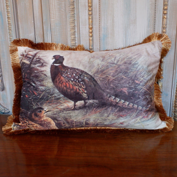 New Rectangle Printed PHEASANT Design Shabby Chic Style VELVET Feather CUSHION & Cover