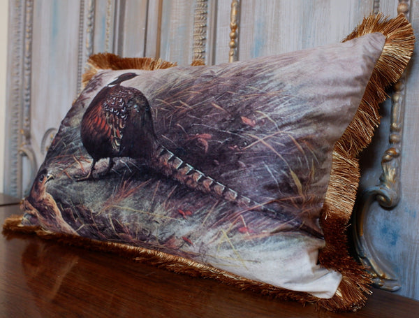 New Rectangle Printed PHEASANT Design Shabby Chic Style VELVET Feather CUSHION & Cover