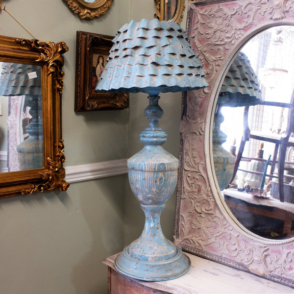 New Vintage FRENCH Shabby Chic Tall Wood & Metal Teal Blue Table Lamp