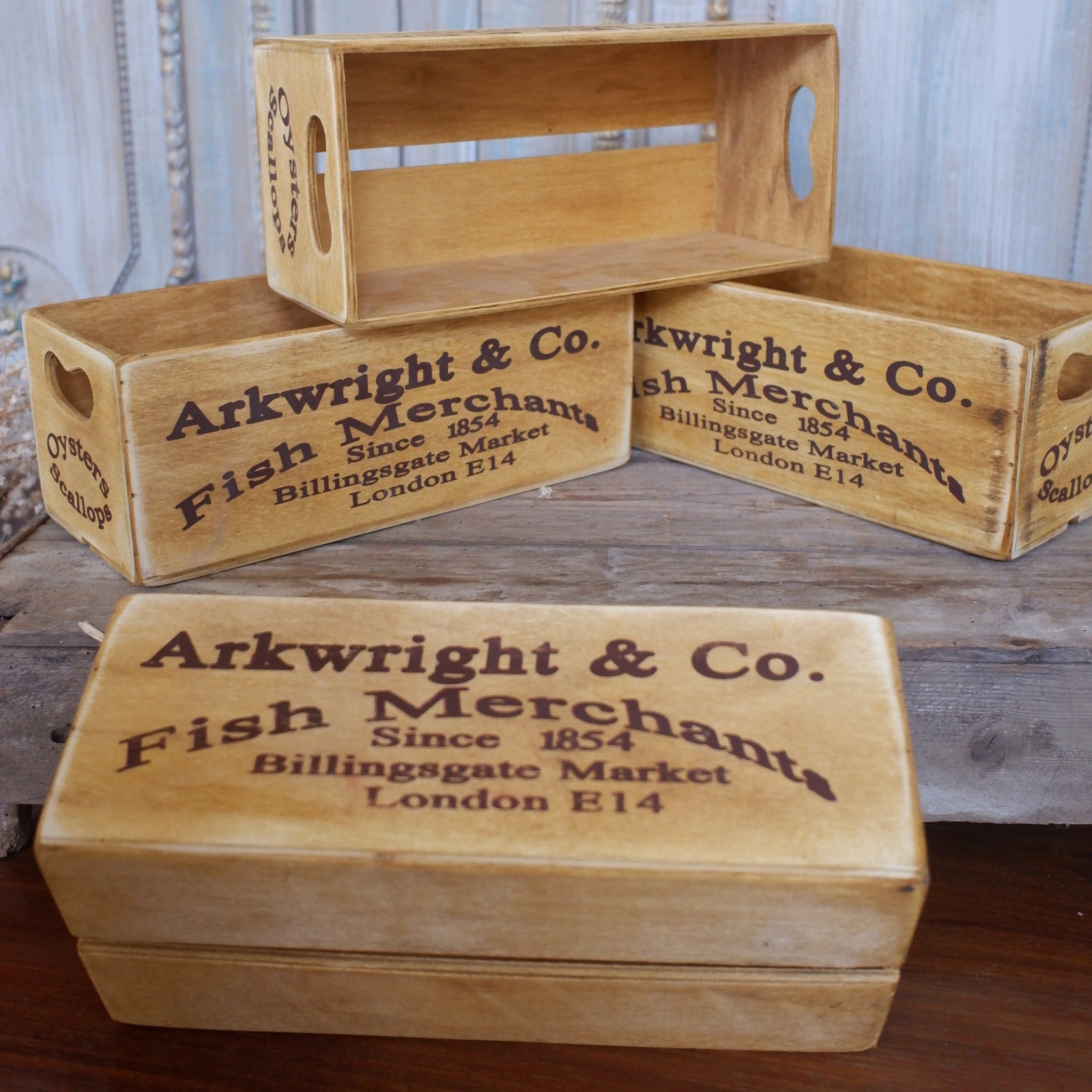 commercial fish boxes for sale uk NEW Vintage FISH Merchants Market LONDON E14 Rustic Wood Storage Displ – Riverside Interiors