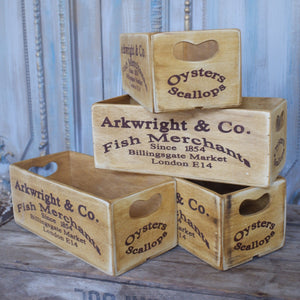 NEW Vintage FISH Merchants Market LONDON E14 Rustic Wood Storage Display Boxes