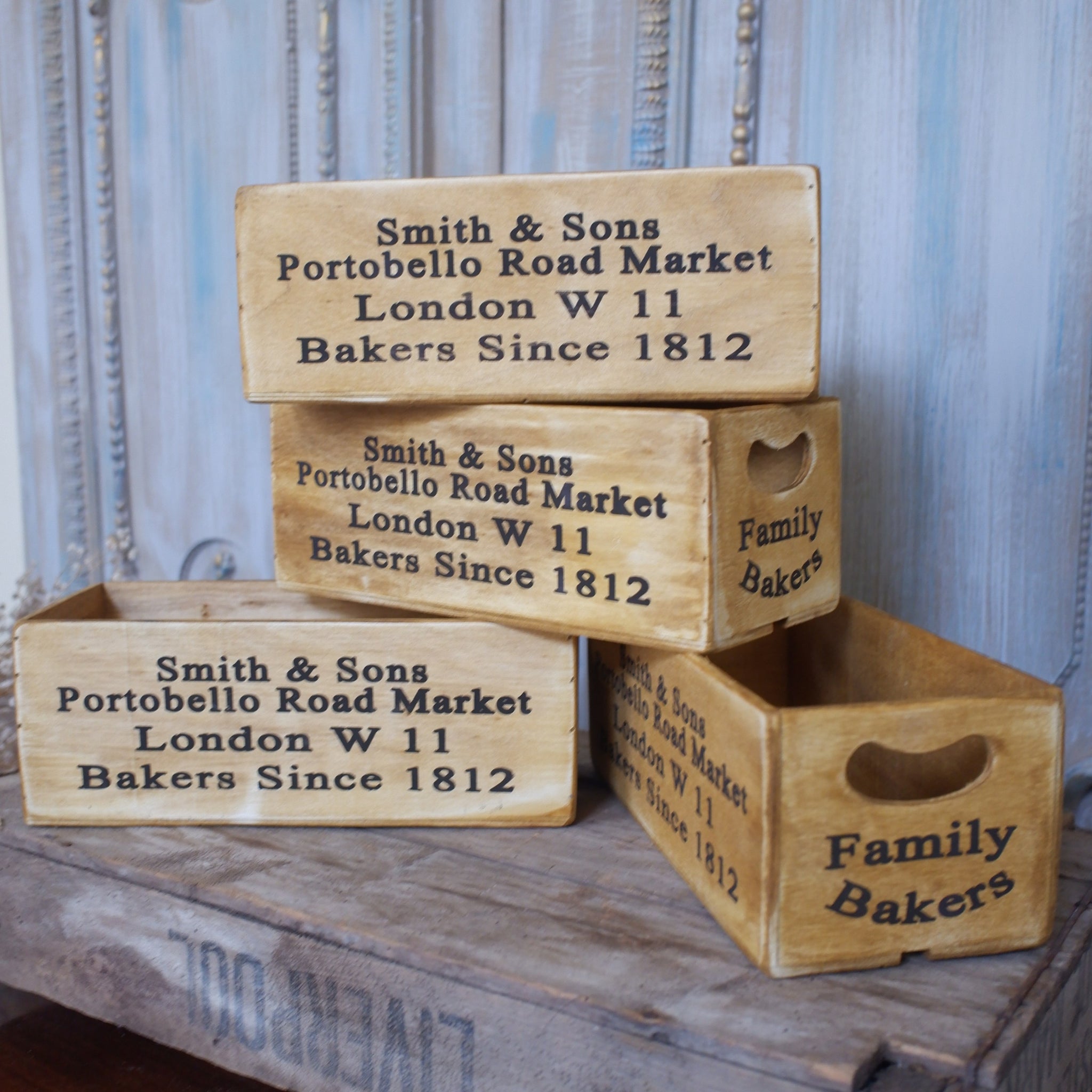 New Storage Box  This is a rustic shabby chic vintage style wooden storage/display box, lightweight with handles and written detail all around. Price is per box @£7.99 each.  Measures approx; H10.5 x W28 x D12.5cm