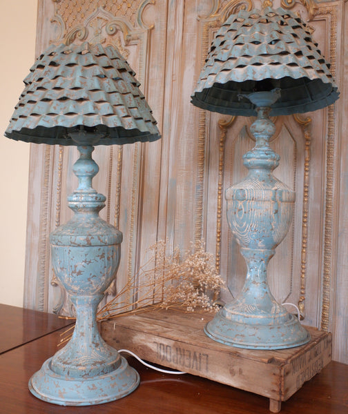 New Vintage FRENCH Shabby Chic Tall Wood & Metal Teal Blue Table Lamp