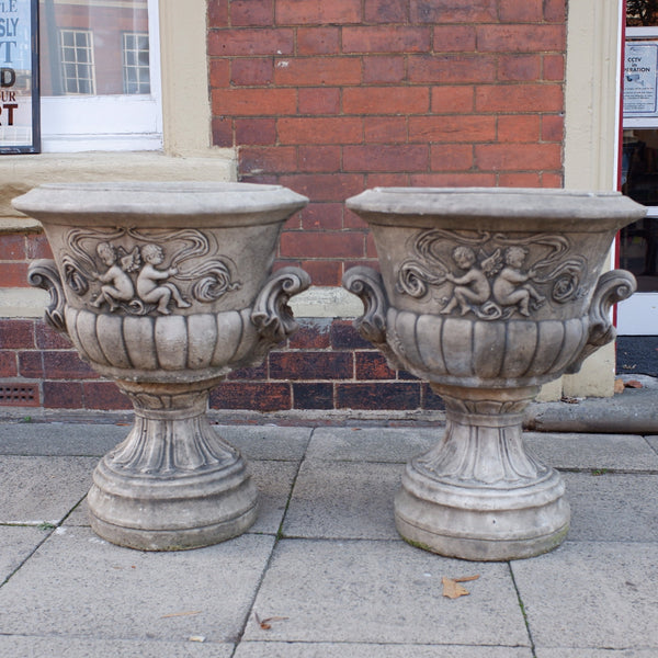 Pair of Large Garden Cherub URNS Stone PLANTERS Shabby Chic Rustic Pots Jardiniere