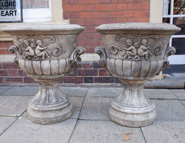 Pair of Large Garden Cherub URNS Stone PLANTERS Shabby Chic Rustic Pots Jardiniere