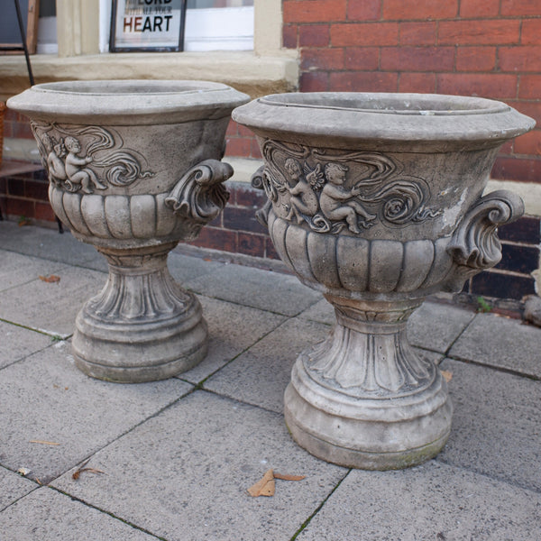 Pair of Large Garden Cherub URNS Stone PLANTERS Shabby Chic Rustic Pots Jardiniere