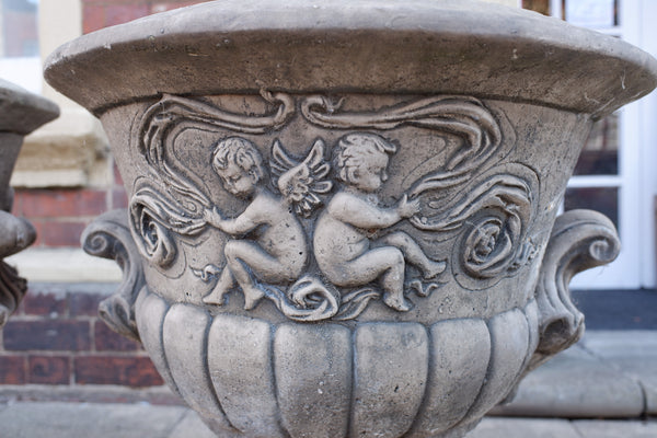 Pair of Large Garden Cherub URNS Stone PLANTERS Shabby Chic Rustic Pots Jardiniere