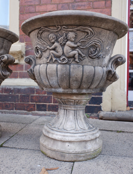 Pair of Large Garden Cherub URNS Stone PLANTERS Shabby Chic Rustic Pots Jardiniere