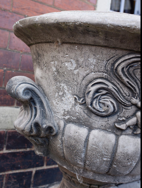 Pair of Large Garden Cherub URNS Stone PLANTERS Shabby Chic Rustic Pots Jardiniere