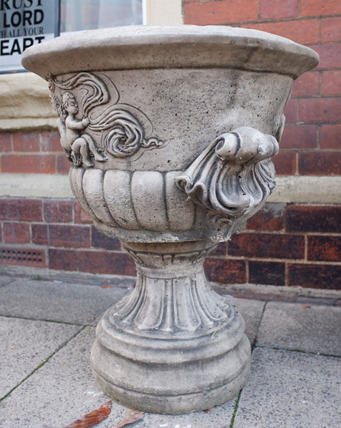 Pair of Large Garden Cherub URNS Stone PLANTERS Shabby Chic Rustic Pots Jardiniere