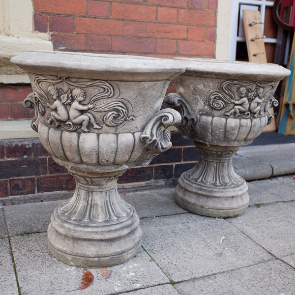 Pair of Large Garden Cherub URNS Stone PLANTERS Shabby Chic Rustic Pots Jardiniere
