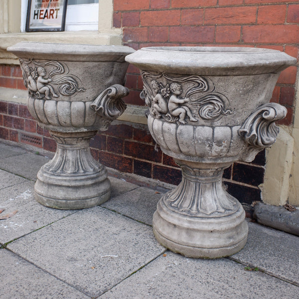 Pair of Large Garden Cherub URNS Stone PLANTERS Shabby Chic Rustic Pots Jardiniere