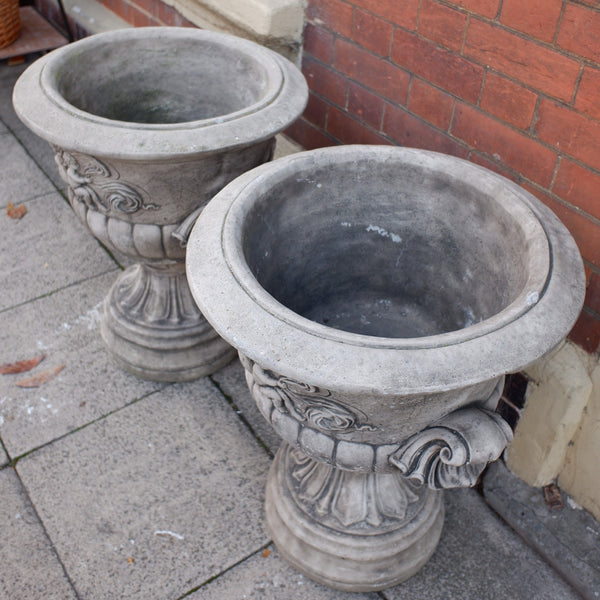 Pair of Large Garden Cherub URNS Stone PLANTERS Shabby Chic Rustic Pots Jardiniere