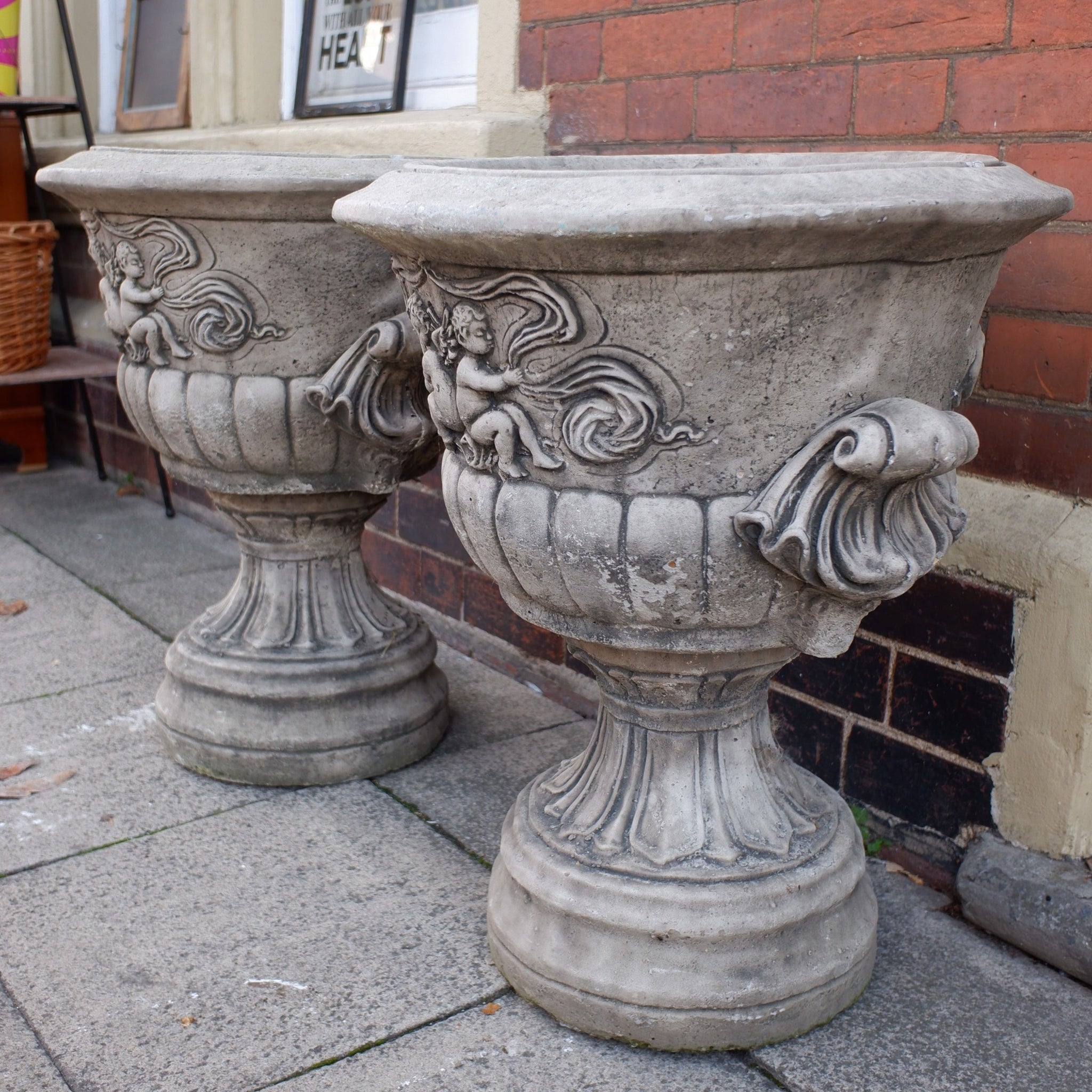 Pair of Large Garden Cherub URNS Stone PLANTERS Shabby Chic Rustic Pots Jardiniere