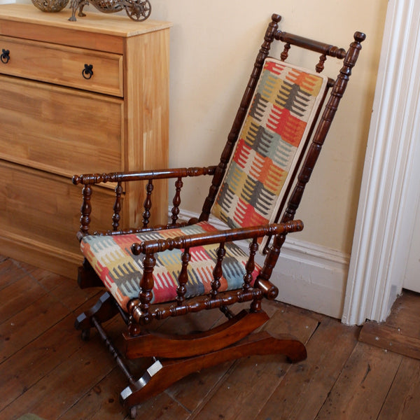 Antique Victorian Wood Carved American ROCKING Fireside Hall Side Chair