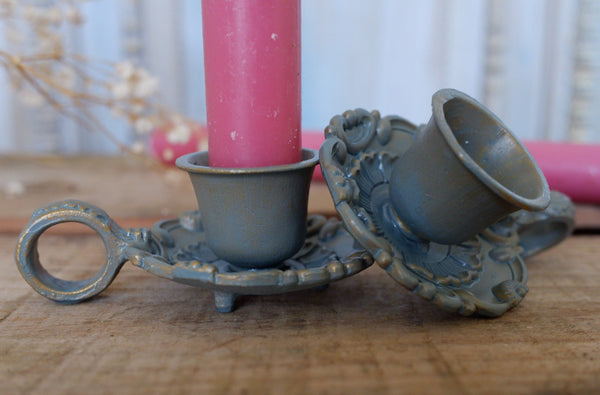 New Vintage French Shabby Chic VERDIGRIS Metal Candlestick Chamber Stick Candle Holder