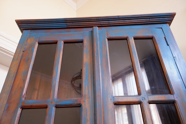 Vintage INDIAN Painted Hardwood TEAL Blue Rustic Cabinet Cupboard Bookcase Unit