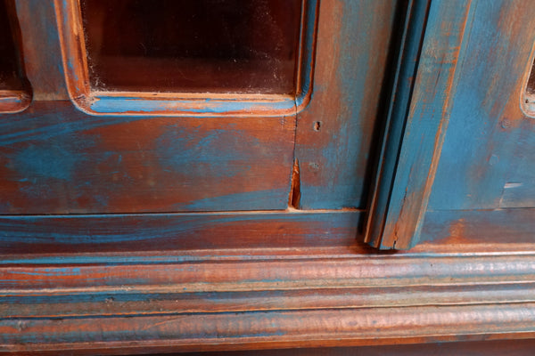 Vintage INDIAN Painted Hardwood TEAL Blue Rustic Cabinet Cupboard Bookcase Unit