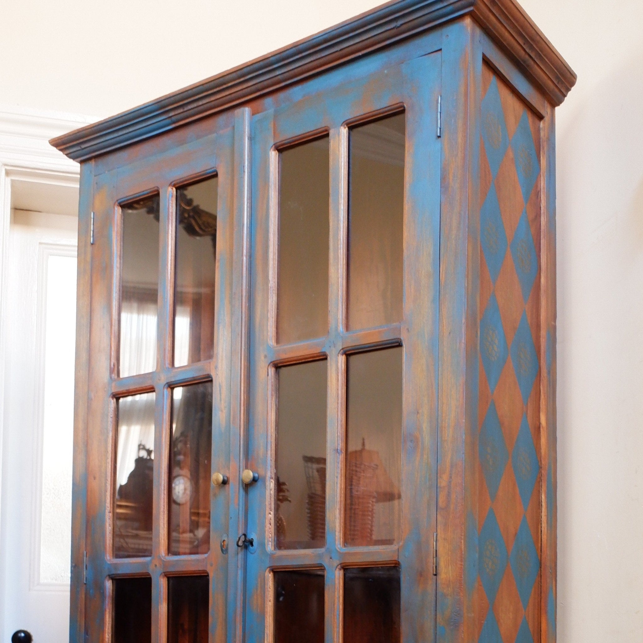 Vintage INDIAN Painted Hardwood TEAL Blue Rustic Cabinet Cupboard Bookcase Unit