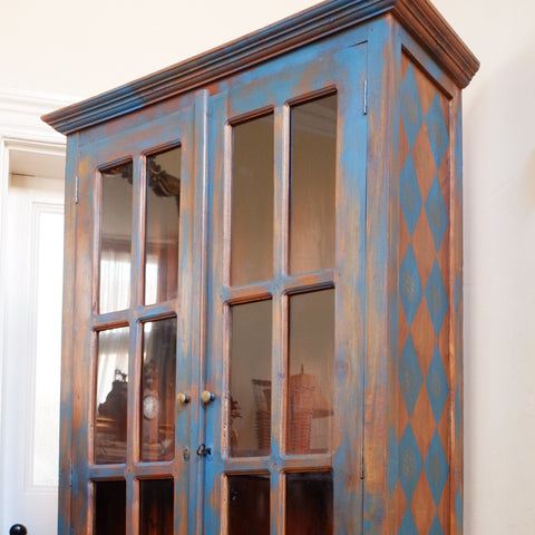 Vintage INDIAN Painted Hardwood TEAL Blue Rustic Cabinet Cupboard Bookcase Unit