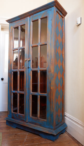Vintage INDIAN Painted Hardwood TEAL Blue Rustic Cabinet Cupboard Bookcase Unit