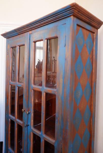 Vintage INDIAN Painted Hardwood TEAL Blue Rustic Cabinet Cupboard Bookcase Unit