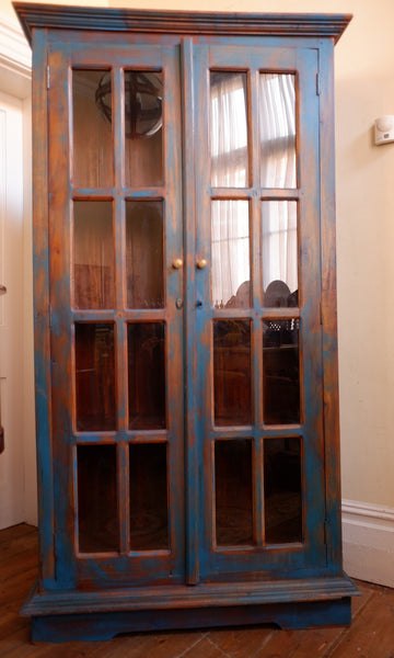 Vintage INDIAN Painted Hardwood TEAL Blue Rustic Cabinet Cupboard Bookcase Unit