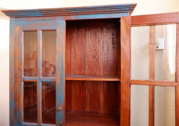 Vintage INDIAN Painted Hardwood TEAL Blue Rustic Cabinet Cupboard Bookcase Unit
