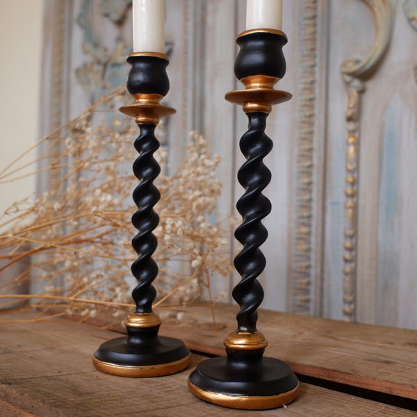 New Vintage French Shabby Chic Black & Gold Barley Twist Candle Stick Holder