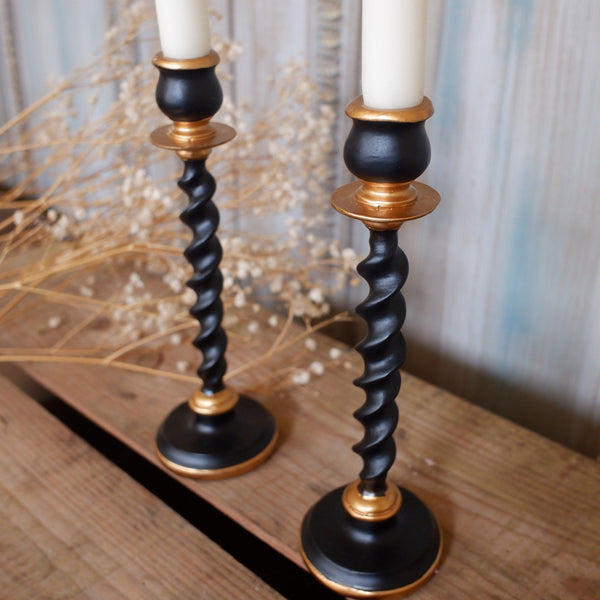 New Vintage French Shabby Chic Black & Gold Barley Twist Candle Stick Holder