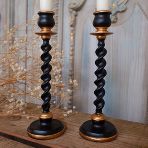 New Vintage French Shabby Chic Black & Gold Barley Twist Candle Stick Holder