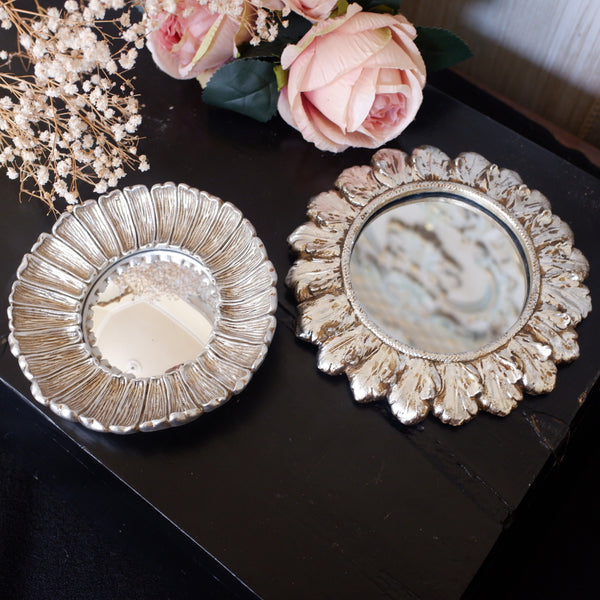 Set of 2 Shabby Chic SILVER Round Decorative Ornate Small Convex Mirrors